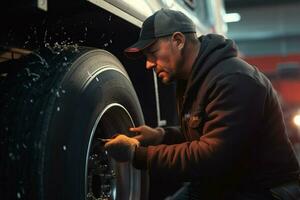 auto mechanic changing a car tire at a car repair service station. mechanic changing a car wheel with a wrench in a garage. ai generated pro photo