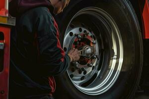 auto mechanic changing a car tire at a car repair service station. mechanic changing a car wheel with a wrench in a garage. ai generated pro photo