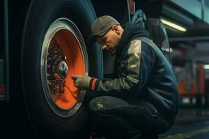 auto mechanic changing a car tire at a car repair service station. mechanic changing a car wheel with a wrench in a garage. ai generated pro photo