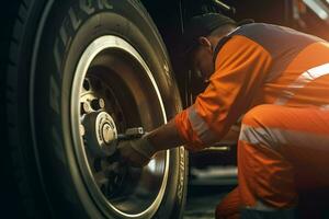 auto mechanic changing a car tire at a car repair service station. mechanic changing a car wheel with a wrench in a garage. ai generated pro photo