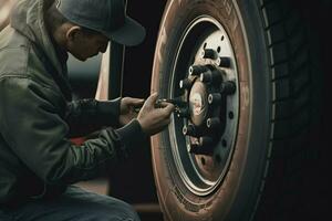 auto mechanic changing a car tire at a car repair service station. mechanic changing a car wheel with a wrench in a garage. ai generated pro photo