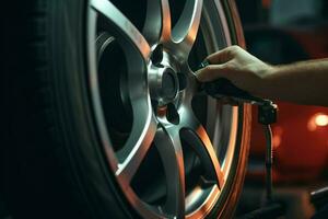 Close-up of a car mechanic changing a wheel with a wrench. Car mechanic repairing car wheel in auto repair shop. ai generated pro photo