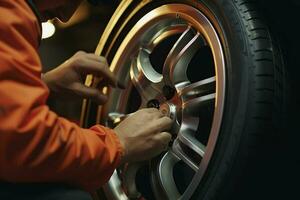 Close-up of a car mechanic changing a wheel with a wrench. Car mechanic repairing car wheel in auto repair shop. ai generated pro photo