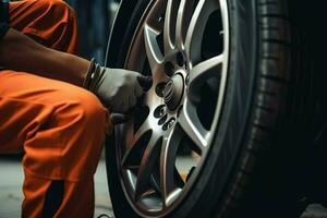 Close-up of a car mechanic changing a wheel with a wrench. Car mechanic repairing car wheel in auto repair shop. ai generated pro photo