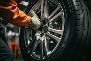 Close-up of a car mechanic changing a wheel with a wrench. Car mechanic repairing car wheel in auto repair shop. ai generated pro photo