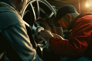 Close-up of a car mechanic changing a wheel with a wrench. Car mechanic repairing car wheel in auto repair shop. ai generated pro photo