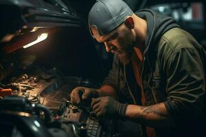 profesional mecánico trabajando en auto reparar tienda. hermoso joven caucásico hombre en uniforme reparando un coche. ai generado Pro foto