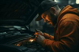 Professional mechanic working in auto repair shop. Handsome young Caucasian man in uniform repairing a car. ai generated pro photo