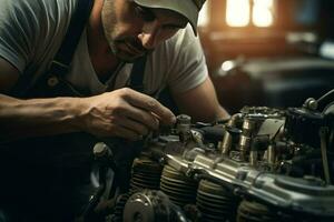 profesional mecánico trabajando en auto reparar tienda. hermoso joven caucásico hombre en uniforme reparando un coche. ai generado Pro foto