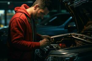 Professional mechanic working in auto repair shop. Handsome young Caucasian man in uniform repairing a car. ai generated pro photo