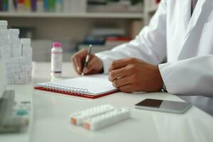 Close-up of a male pharmacist writing in a notebook while working in a modern drugstore. ai generated pro photo