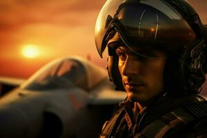 Shot of a handsome young man in a military uniform with an airplane in the background. ai generated  pro photo