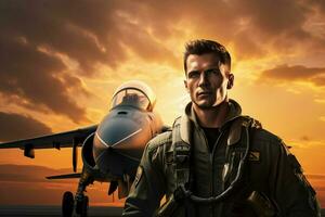 Shot of a handsome young man in a military uniform with an airplane in the background. ai generated  pro photo