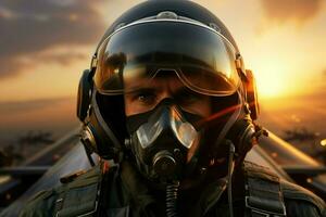 Portrait of a pilot with a gas mask on the background of a sunset. ai generate  pro photod photo