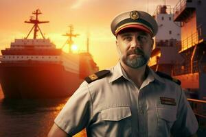 Portrait of confident male pilot standing with hands on hips and looking at camera while standing against cargo ship at sunset. ai generated pro photo
