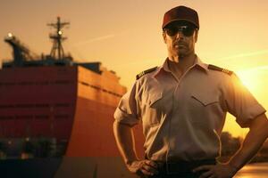 Portrait of confident male pilot standing with hands on hips and looking at camera while standing against cargo ship at sunset. ai generated pro photo