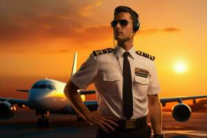 retrato de hermoso piloto en uniforme en pie en frente de avión a aeropuerto. ai generado Pro foto