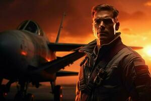 Shot of a handsome young man in a military uniform with an airplane in the background. ai generated  pro photo