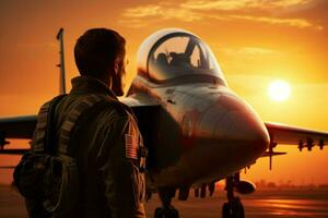 Shot of a handsome young man in a military uniform with an airplane in the background. ai generated  pro photo