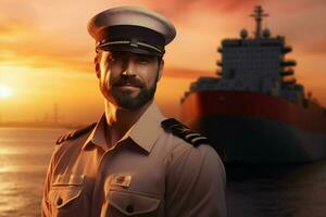 Portrait of confident male pilot standing with hands on hips and looking at camera while standing against cargo ship at sunset. ai generated pro photo