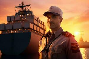 Portrait of confident male pilot standing with hands on hips and looking at camera while standing against cargo ship at sunset. ai generated pro photo