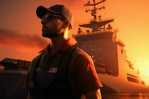 Portrait of confident male pilot standing with hands on hips and looking at camera while standing against cargo ship at sunset. ai generated  pro photo