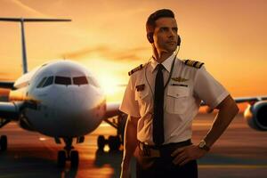 Portrait of handsome pilot in uniform standing in front of airplane at airport. ai generated  pro photo