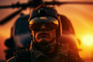 helicóptero a puesta de sol de cerca retrato de piloto en pie en frente. ai generado Pro foto
