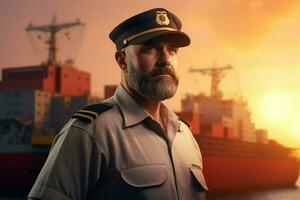 Portrait of confident male pilot standing with hands on hips and looking at camera while standing against cargo ship at sunset. ai generated pro photo