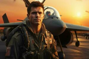 Shot of a handsome young man in a military uniform with an airplane in the background. ai generated  pro photo