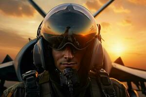 Portrait of a pilot with a gas mask on the background of a sunset. ai generate  pro photod photo