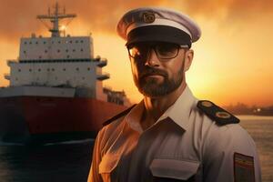 Portrait of confident male pilot standing with hands on hips and looking at camera while standing against cargo ship at sunset. ai generated pro photo