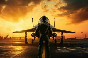 retrato de un hermoso piloto en pie en frente de avión a puesta de sol. ai generado Pro foto