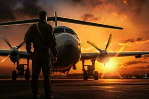 Portrait of handsome pilot in uniform standing in front of airplane at airport. ai generated  pro photo