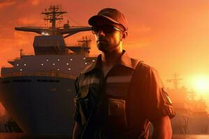 Portrait of confident male pilot standing with hands on hips and looking at camera while standing against cargo ship at sunset. ai generated pro photo