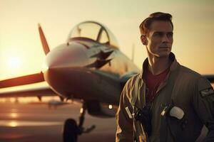 Portrait of a handsome pilot standing in front of airplane at sunset. ai generated pro photo