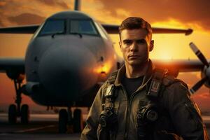 retrato de hermoso piloto en uniforme en pie en frente de avión a aeropuerto. ai generado Pro foto