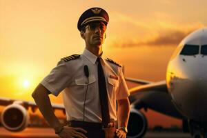 retrato de hermoso piloto en uniforme en pie en frente de avión a aeropuerto. ai generado Pro foto