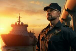 Portrait of confident male pilot standing with hands on hips and looking at camera while standing against cargo ship at sunset. ai generated pro photo