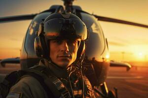 Helicopter at sunset Close-up portrait of pilot standing in front. ai generated pro photo