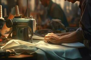 Sewing machine. Close-up of a seamstress working on a sewing machine. ai generated pro photo