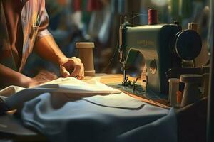 Sewing machine. Close-up of a seamstress working on a sewing machine. ai generated pro photo