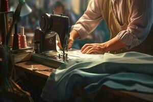 Sewing machine. Close-up of a seamstress working on a sewing machine. ai generated pro photo