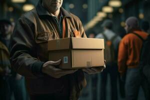 Portrait of a male worker holding a box in a warehouse. Delivery service concept. ai generated pro photo