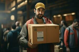 Portrait of a male worker holding a box in a warehouse. Delivery service concept. ai generated pro photo