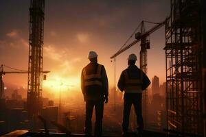 Double exposure of Engineer and Architect working on construction site with sunset background. ai generated pro photo