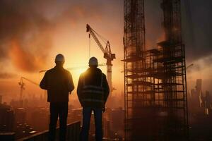 Double exposure of Engineer and Architect working on construction site with sunset background. ai generated pro photo