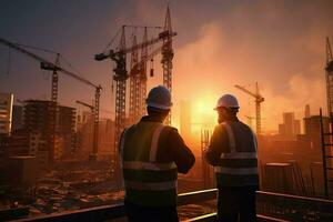 Double exposure of Engineer and Architect working on construction site with sunset background. ai generated pro photo