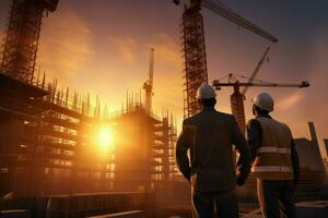 Double exposure of Engineer and Architect working on construction site with sunset background. ai generated pro photo