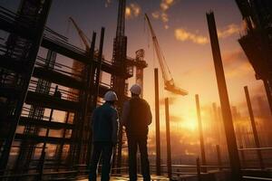 Double exposure of Engineer and Architect working on construction site with sunset background. ai generated pro photo